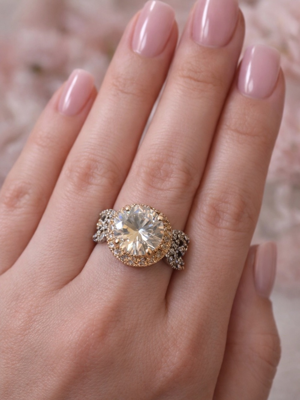 Two tone statement ring - Silver & Gold featuring large round crystal - Size 7